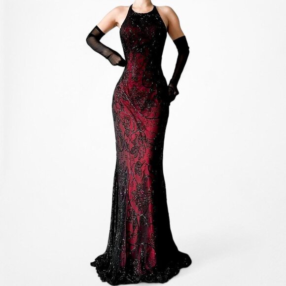 Vintage Burgundy Red Floral Beaded Silk Bodycon Maxi Formal Prom Dress Size S/M - Picture 2 of 8